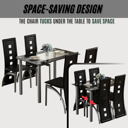 5-Piece Dining Table Set with 1 Glass Dining Table and 4 PVC Chairs, Modern Dining Table Set for Kitchen & Breakfast Dining Living Room, Space Saving