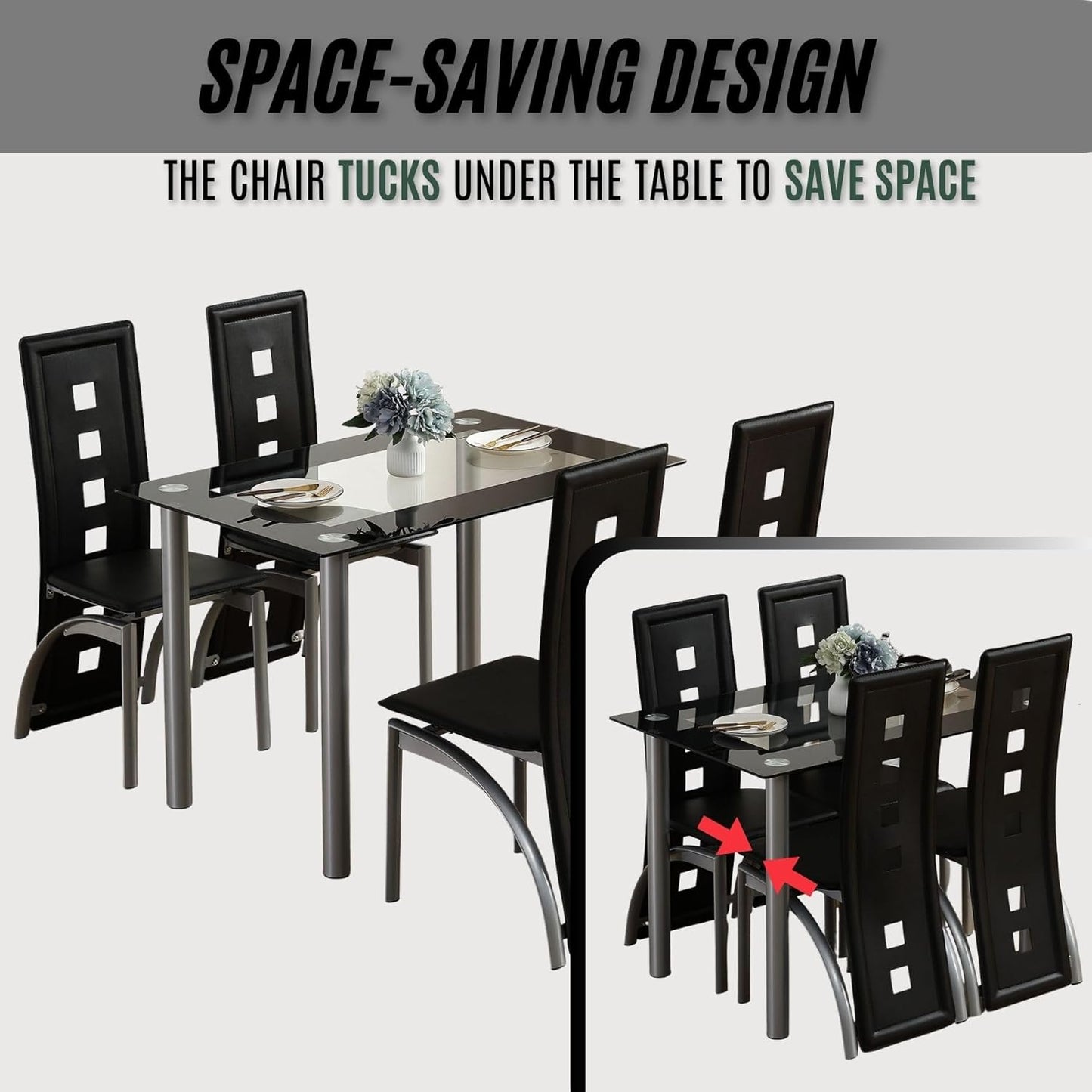 5-Piece Dining Table Set with 1 Glass Dining Table and 4 PVC Chairs, Modern Silver Dining Table Set for Kitchen & Breakfast Dining Living Room, Space Saving