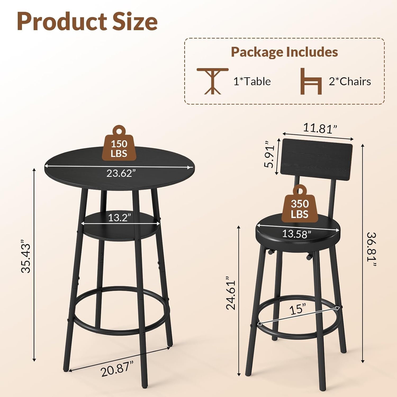 3 Pieces round Bar Table Set, Small Dining Table for 2, Black Kitchen Bar Table, Breakfast Table with Storage, 2 Thickened Cushion Stools with Backrest for Dining Room & Bistro-Black