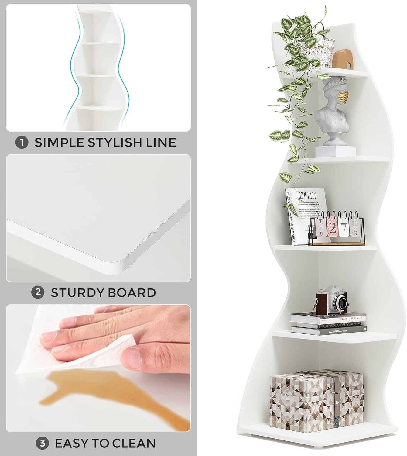 Corner Shelf, Modern 5-Tier Wall Corner Bookshelf, Stylish Corner Small Bookcase Storage Rack Plant Stand with Unique Shape for Living Room, Home Office (White, 1PC)