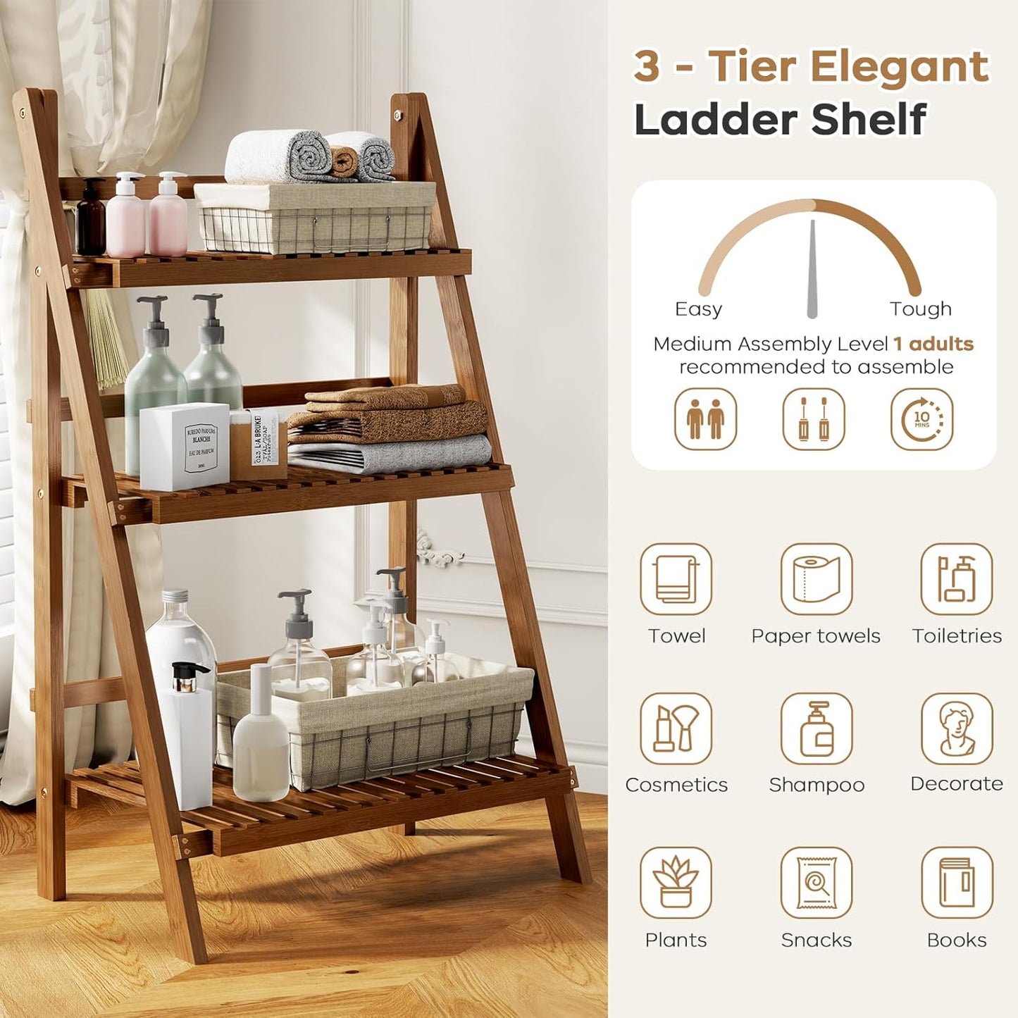 39.4" Bamboo Ladder Shelf Plant Shelf, 3 Tier Foldable Ladder Flower Pot Display Shelf Rack, 23.6"W X 15"D X 39.4"H, Freestanding Bookshelf for Garden, Balcony, Yard, Patio, Lawn, Living Room, Walnut