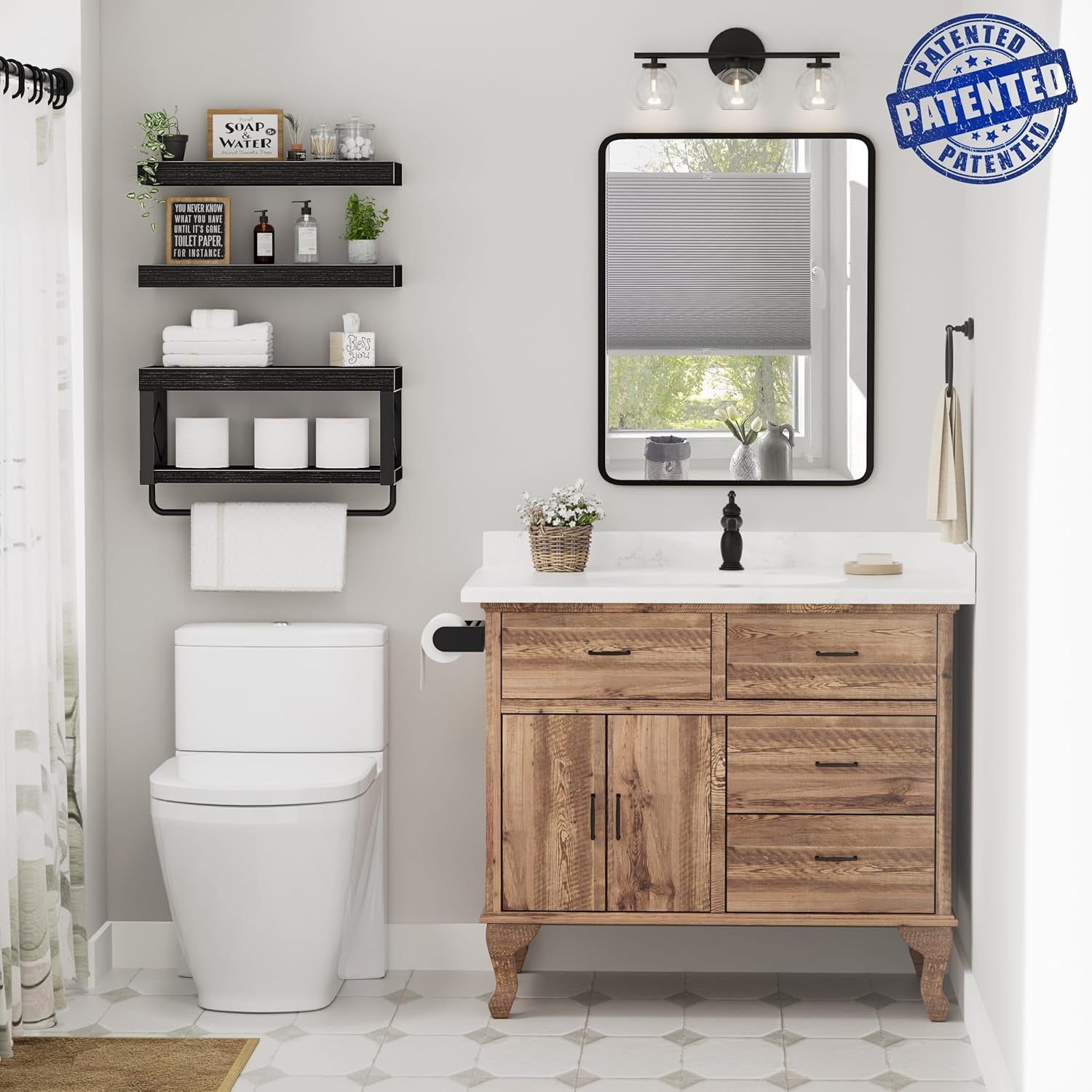 Bathroom Shelves over Toilet - Floating Shelf for Wall Toilet Paper Storage Farmhouse 16 Inch Set of 3, Black (029-40B3)