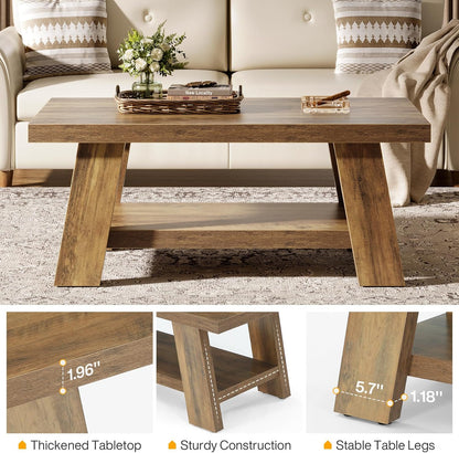 Farmhouse Coffee Table, 47.24" Rectangle Rustic Coffee Tables for Living Room, Long Wooden Center Tables with Storage Shelves for Apartment, Home Office (Brown)