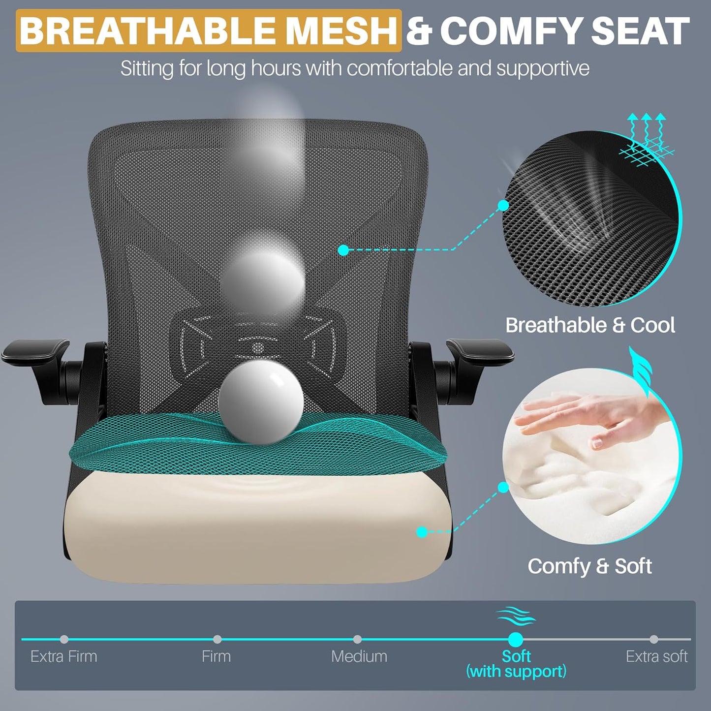 Office Chair - Ergonomic Desk Chair Breathable Mesh Task with Wheels and Lumbar Support Home Desk Office Chairs with Flip up Armrest Rolling Swivel for Home Computer Black