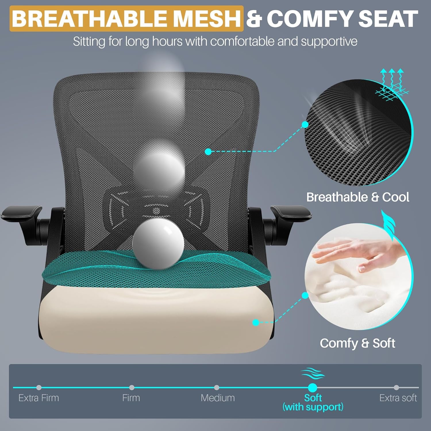 Office Chair - Ergonomic Desk Chair Breathable Mesh Task with Wheels and Lumbar Support Home Desk Office Chairs with Flip up Armrest Rolling Swivel for Home Computer Black