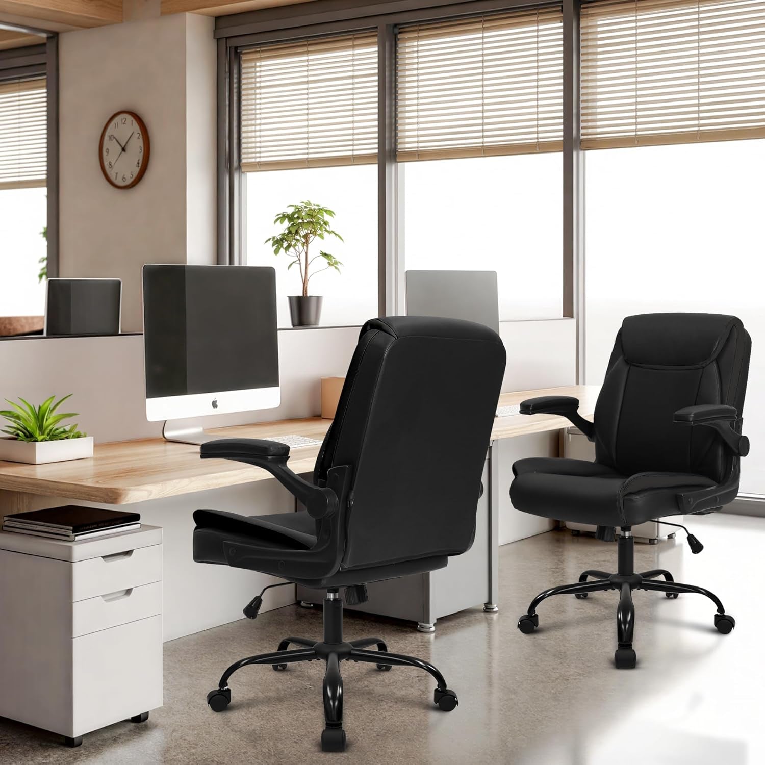 Office Desk Computer Chair Ergonomic Executive Mid-Back Leather Gaming Chair with Adjustable Flip-Up Armrests Wheels Swivel for Home Study Task (Jet Black)