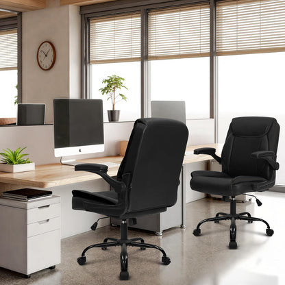 Office Desk Computer Chair Ergonomic Executive Mid-Back Leather Gaming Chair with Adjustable Flip-Up Armrests Wheels Swivel for Home Study Task (Jet Black)