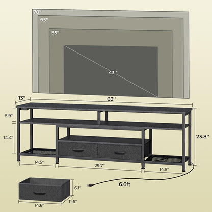 63 Inch LED TV Stand for 65 70 Inch TV, Entertainment Center with Open Shelves and Power Outlets, TV Console for Living Room, Media Console with Drawers, Black