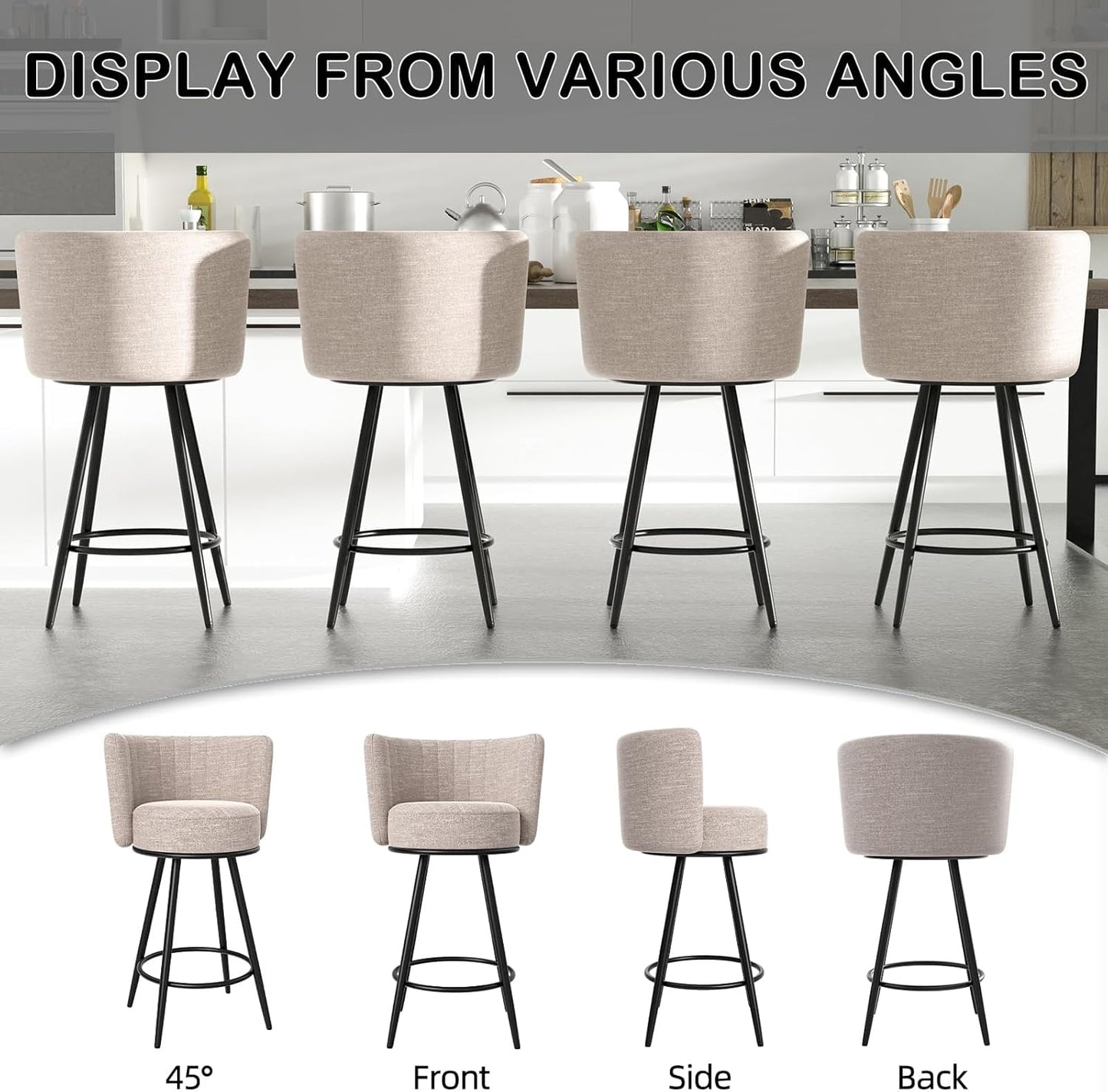Bar Stools Set of 4, 27" Tufted Modern Counter Height Bar Stools, Upholstered Barstools with Back & Footrest Metal Legs, Stools for Kitchen Island, Counter, Cafes, Dining Room (Beige)