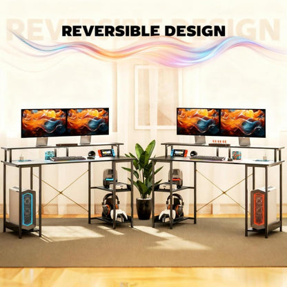Modern PC Laptop Desk with Storage, Reversible Design Computer Gaming Table with Built-In Charging Station and Personalized Lighting, Assembly Required