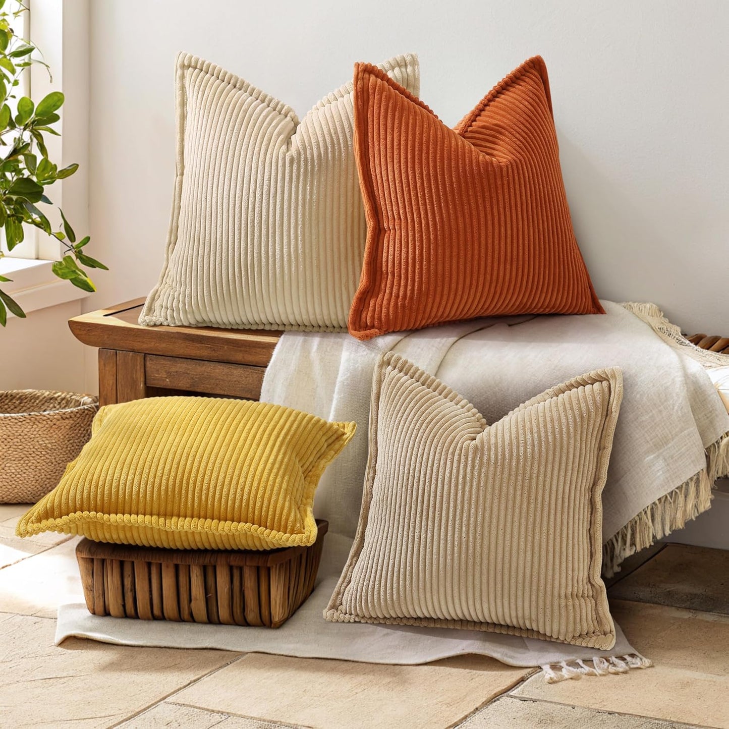 Fall Corduroy Rust Throw Pillow Covers 18X18 Set of 2 Decorative Soft Boho Farmhouse Euro Sham Couch Pillow Covers for Living Room Bed Sofa Broadside Striped Pillow Cases