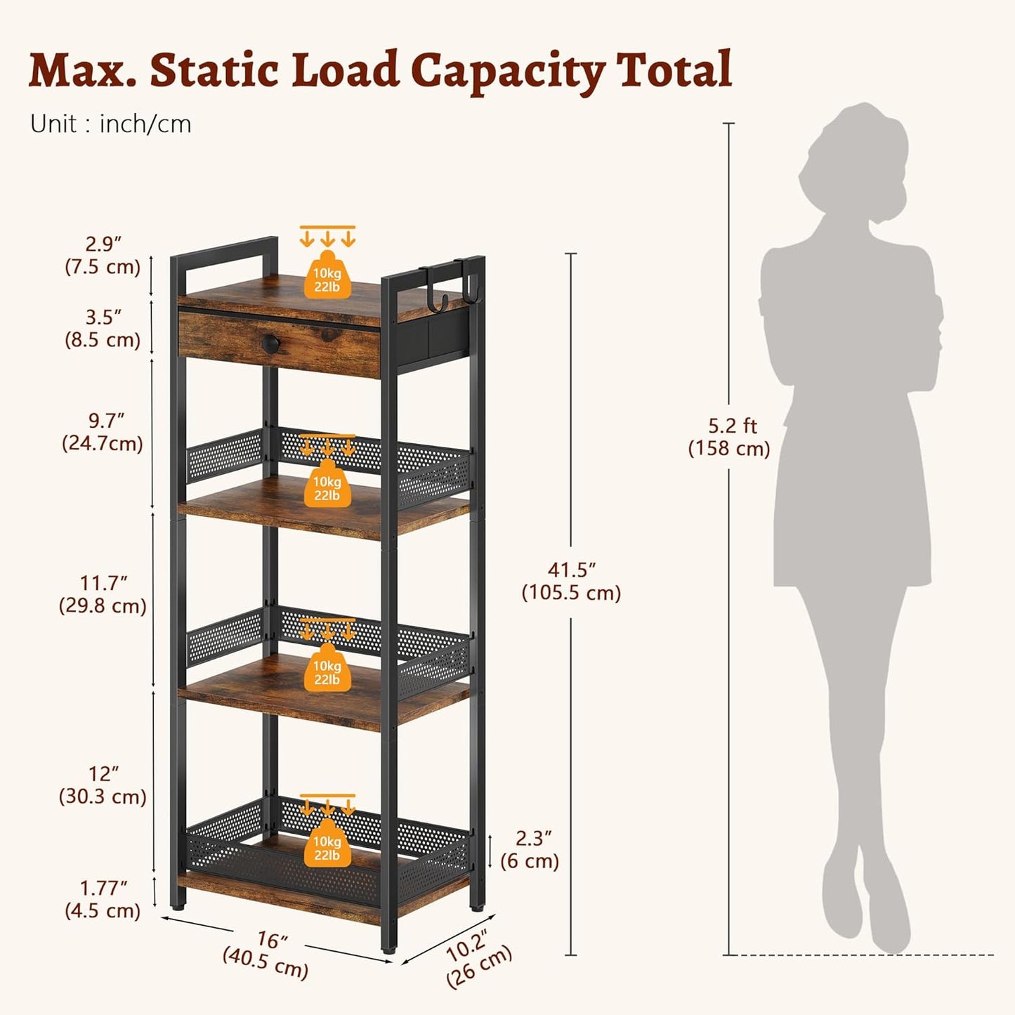 4 Tier Ladder Shelf Stand, Bookshelf with Drawer Storage, Decorative Display Shelves Wood & Metal, Plant Shelf, Standing Shelf Unit for Living Room Bedroom Office Kitchen, Rustic Brown