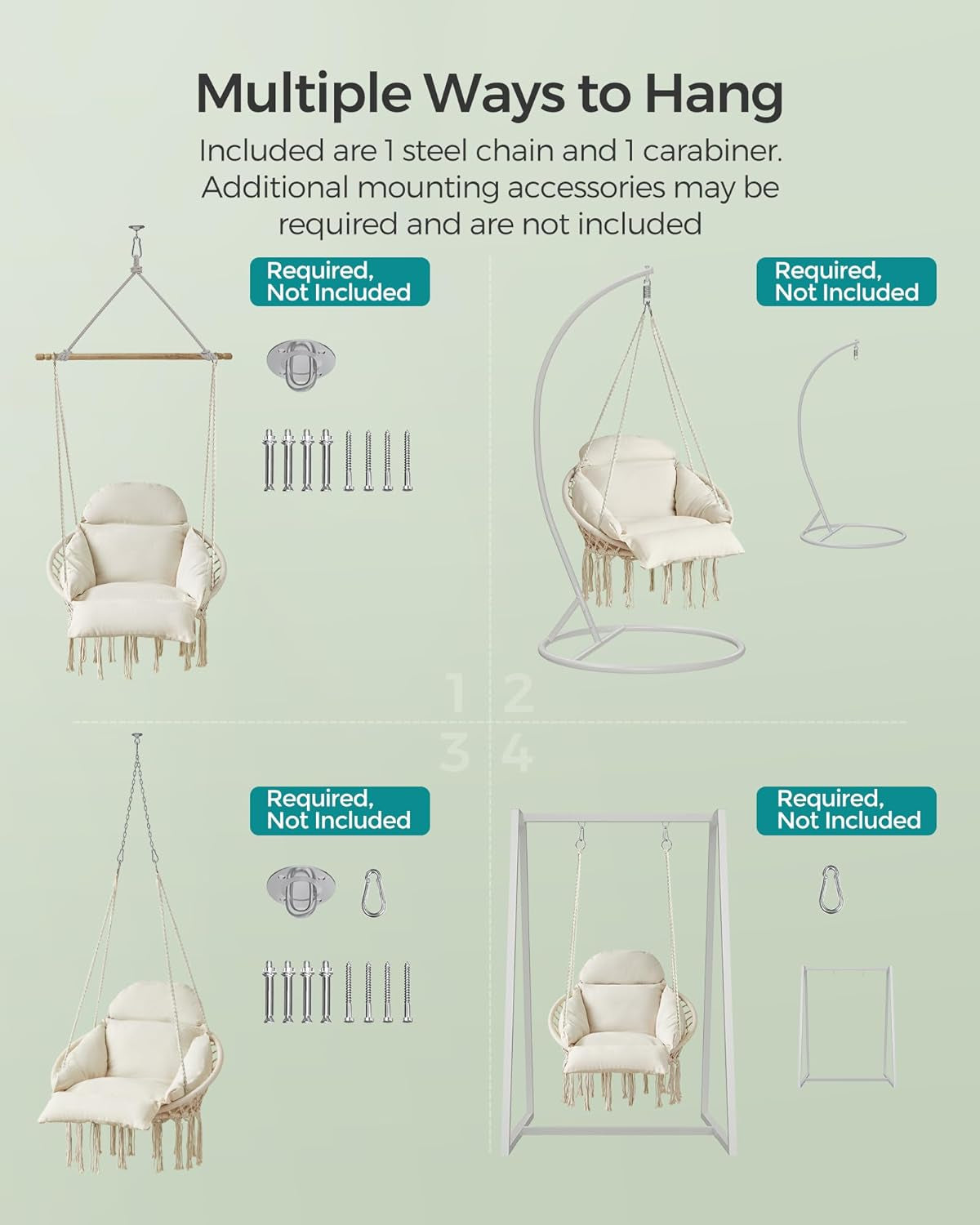 Hanging Chair, Hammock Chair with Large, Thick Cushion, Boho Swing Chair for Bedroom, Patio, Balcony, Garden, Holds up to 264 Lb, Accessories Included, Cream White UGDC042M01