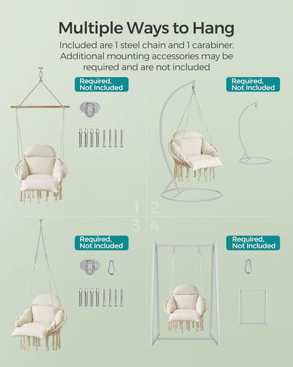 Hanging Chair, Hammock Chair with Large, Thick Cushion, Boho Swing Chair for Bedroom, Patio, Balcony, Garden, Holds up to 264 Lb, Accessories Included, Cream White UGDC042M01