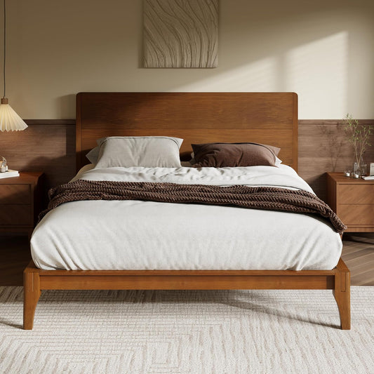 Queen Size Bamboo Platform Bed, Mid-Century Modern Bed Frame with Tall Headboard, Solid Sustainable Bedframe Queen-Size, Wood Slat Support, No Box Spring Needed, Easy Assembly, Noise Free, Brown