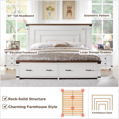 Farmhouse Queen Size Bed Frame W/ 54" Tall Geometric Headboard, Rustic Wood Platform Bed W/ 2 Large Storage Drawers, Wood Slats Support, Noise Free, No Box Spring Needed, Antique White
