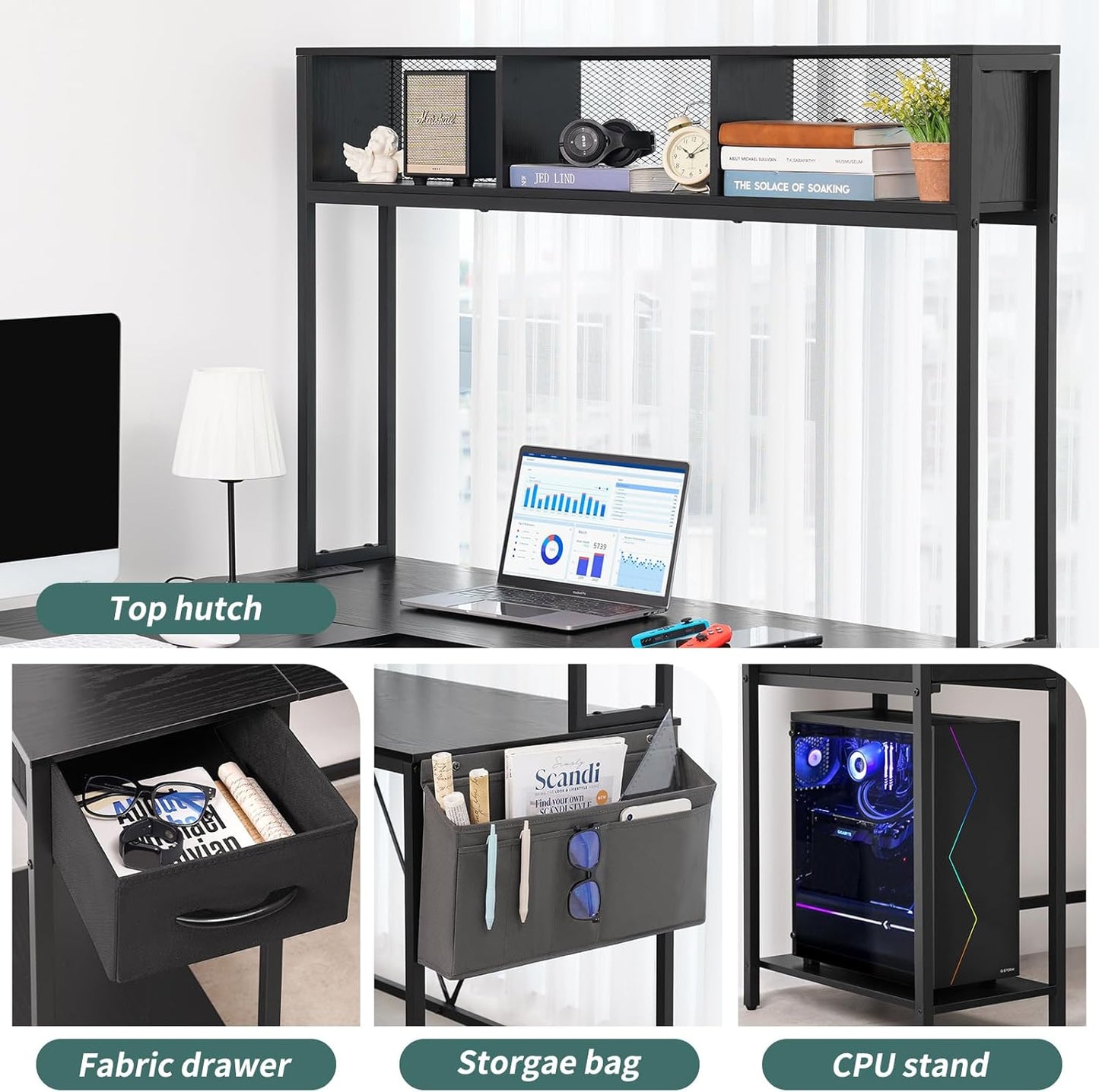 L Shaped Desk Gaming Desk with LED Strip & Power Outlet, Reversible L-Shaped Computer Desk with Storage Shelf & Drawer, Corner Desk with Storage Bag, 2 Person Home Office Desk, Black