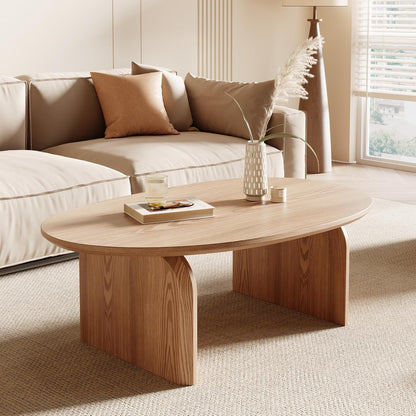 Modern Oval Coffee Table, Small Coffee Tables for Living Room - Oak Wood Top with Solid Legs, Wooden Center Table Easy Assembly for Living Room &Bedroom,Office, Natural