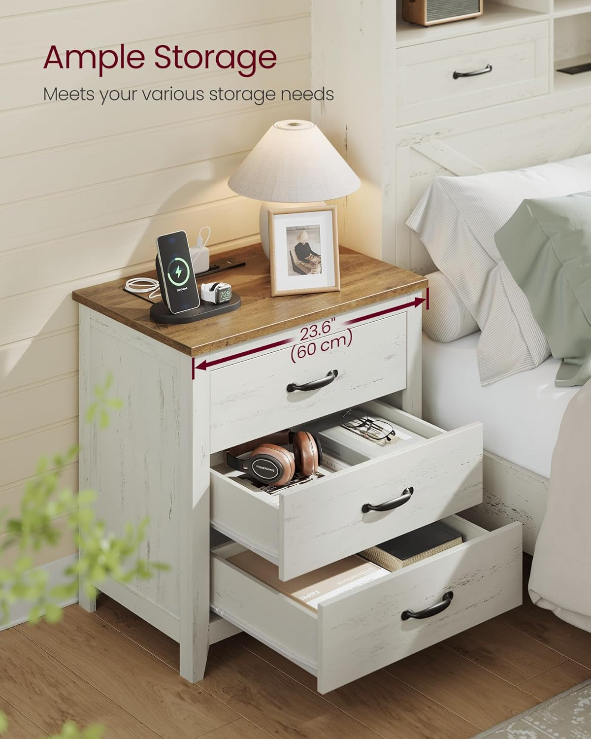 LIRY Collection - Farmhouse Nightstand with Charging Station, Bedside Table, Side End Table with 3 Drawers, for Bedroom, Rustic White and Honey Brown ULET679W01