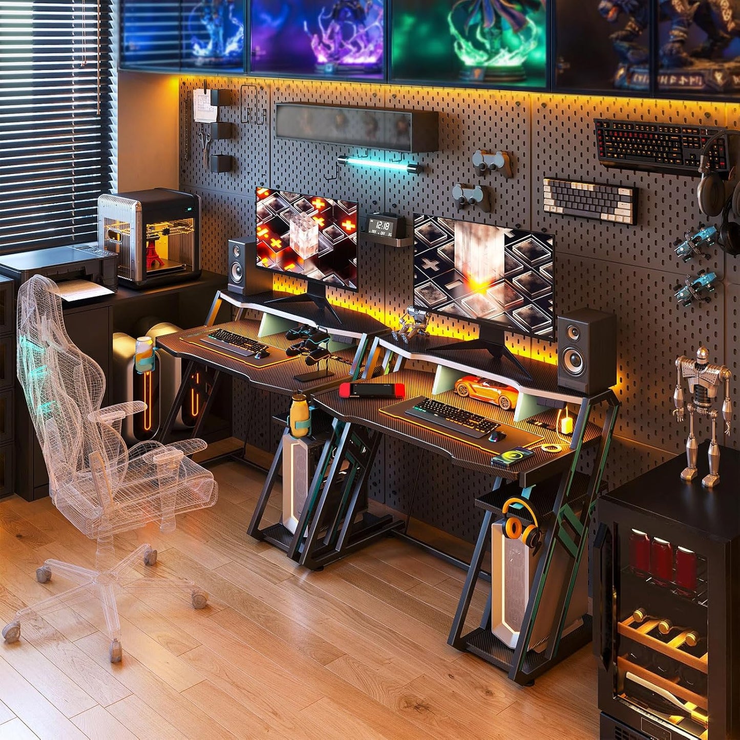 Gaming Desk with Power Outlet & LED Lights, Computer Desk 40 Inch with PC Storage Shelf, Gaming Table with Carbon Fiber Texture, Gamer Desk, Gift for Boys Men, Black