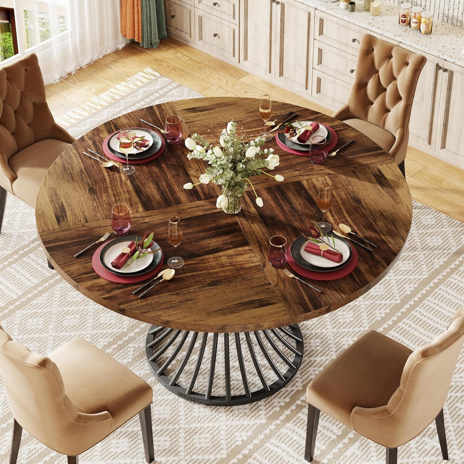 round Dining Table for 4-6 People, 47-Inch Farmhouse Dinning Room Circle Kitchen Table, Industrial Dinner Table with Metal Base for Kitchen, Living Room, Black and Brown