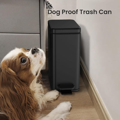 Bathroom Trash Can with Lid, 2.6 Gallon Small Black Bathroom Garbage Can Soft Close, Stainless Steel Waste Basket with Step Pedal for Bedroom, Laundry Room, Living Room, Home Office, Toilet, RV