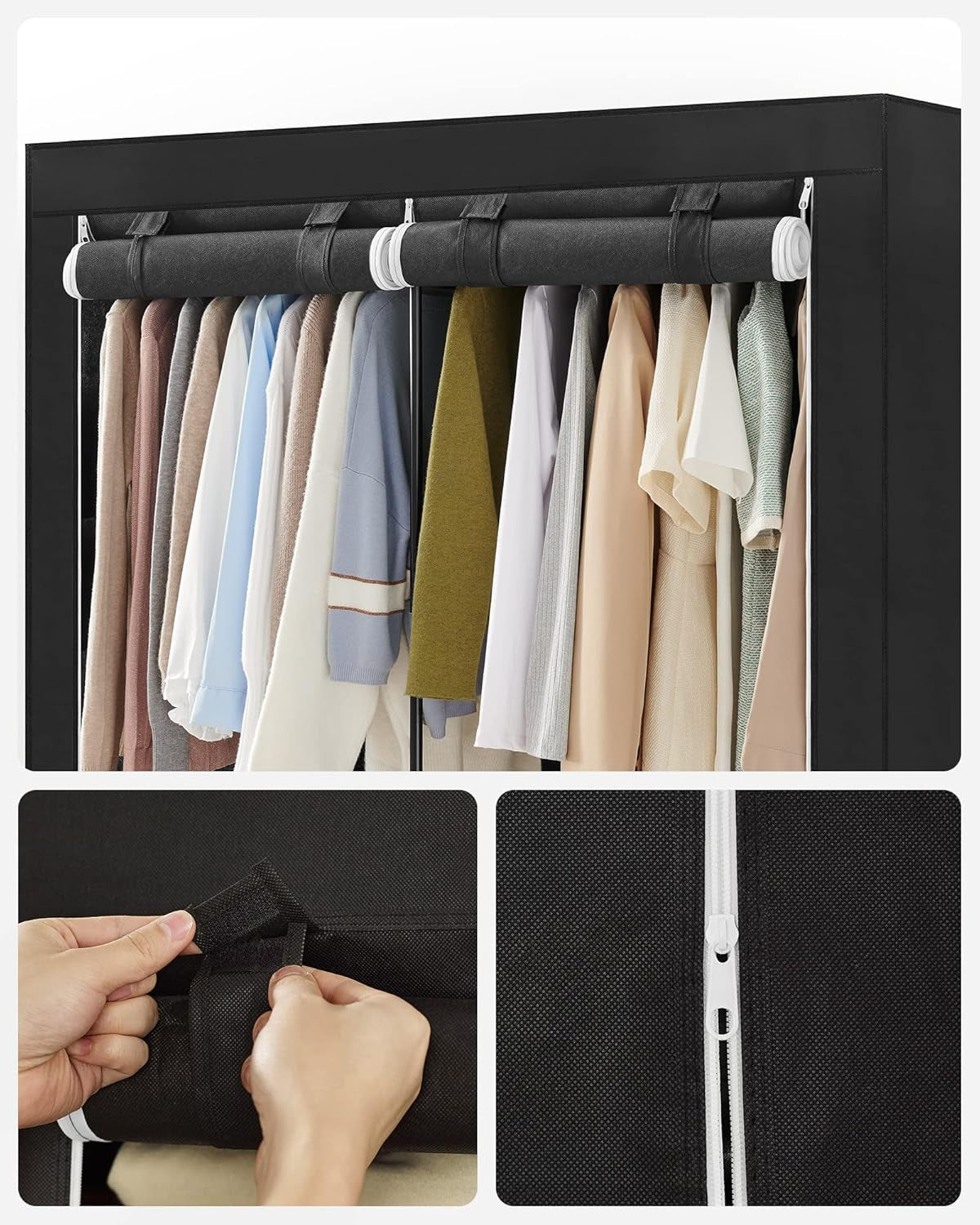 Portable Closet, Wardrobe Closet Organizer with Cover, 3 Hanging Rods and Shelves, 4 Side Pockets, 51.2 X 17.7 X 65.7 Inches, Large Capacity for Bedroom, Living Room, Ink Black URYG092B02