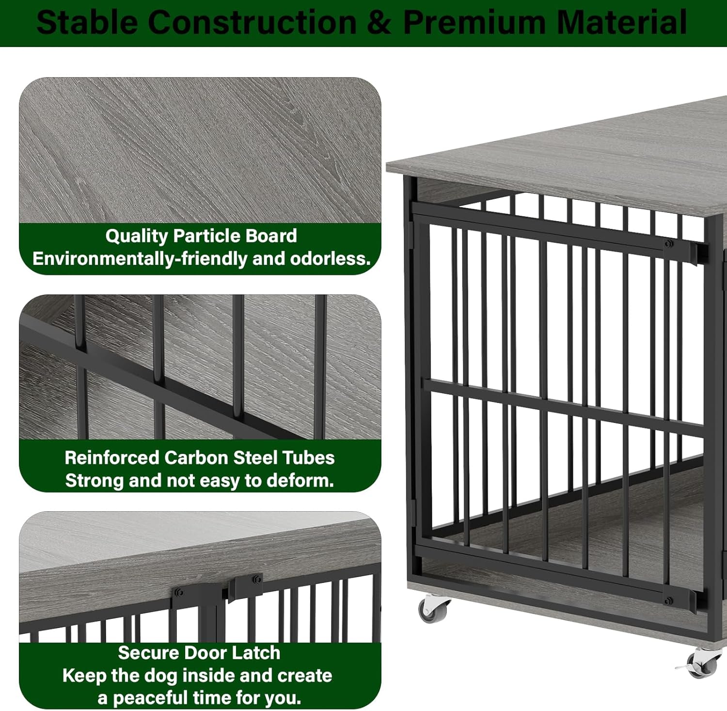 Large Dog Crate Furniture, 48 Inch Heavy Duty Dog Kennel Indoor with Caster Wheels, Wooden Dog Cage Morden Decorative Pet House TV Stand for Xlarge Dogs, Light Gray