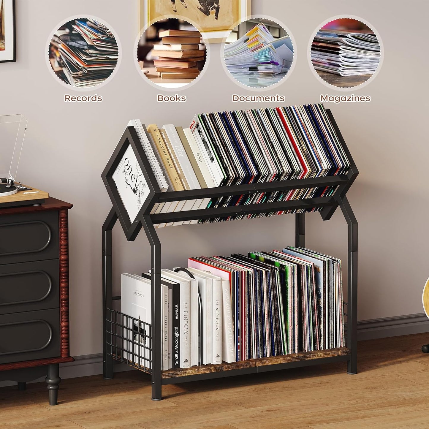 2-Tier Vinyl Record Storage Holder with Dividers, 24.4''W Vinyl Record Display, 300 Lps Vinyl Record Storage Rack, Suitable for Magazines, Books, Documents, Albums