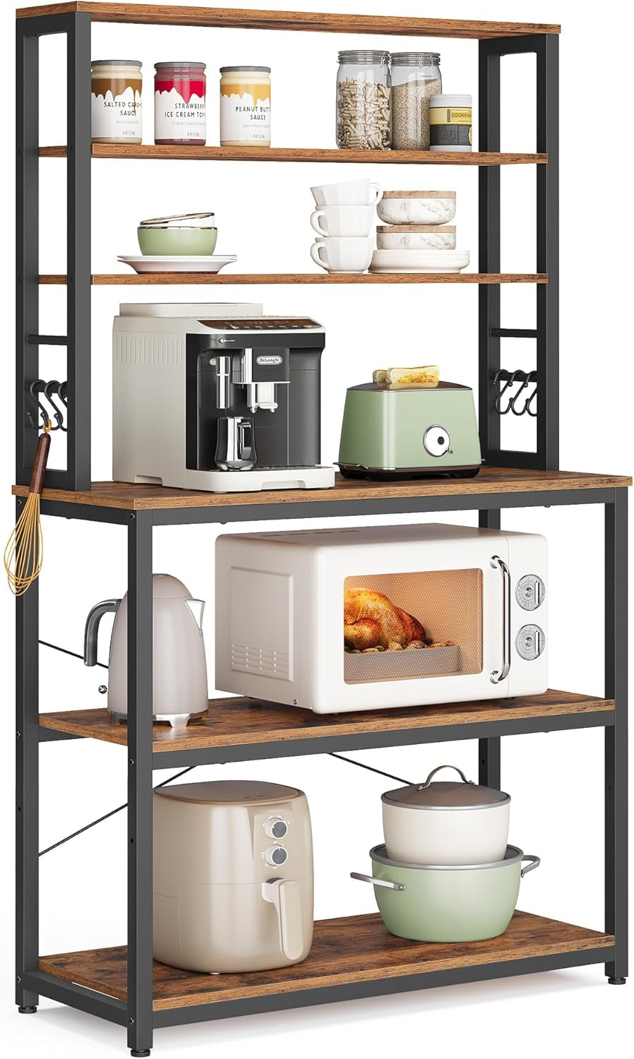 Coffee Bar, 31.5 Inches Baker'S Rack for Kitchen with Storage, 6-Tier Kitchen Shelves with 6 Hooks, Microwave Stand, Industrial, Rustic Brown and Ink Black UKKS019B01