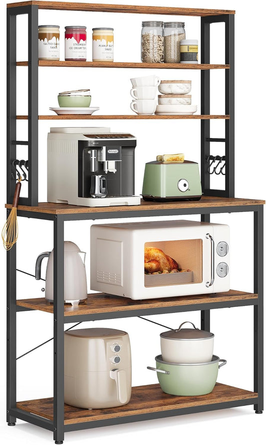 Coffee Bar, 31.5 Inches Baker'S Rack for Kitchen with Storage, 6-Tier Kitchen Shelves with 6 Hooks, Microwave Stand, Industrial, Rustic Brown and Ink Black UKKS019B01