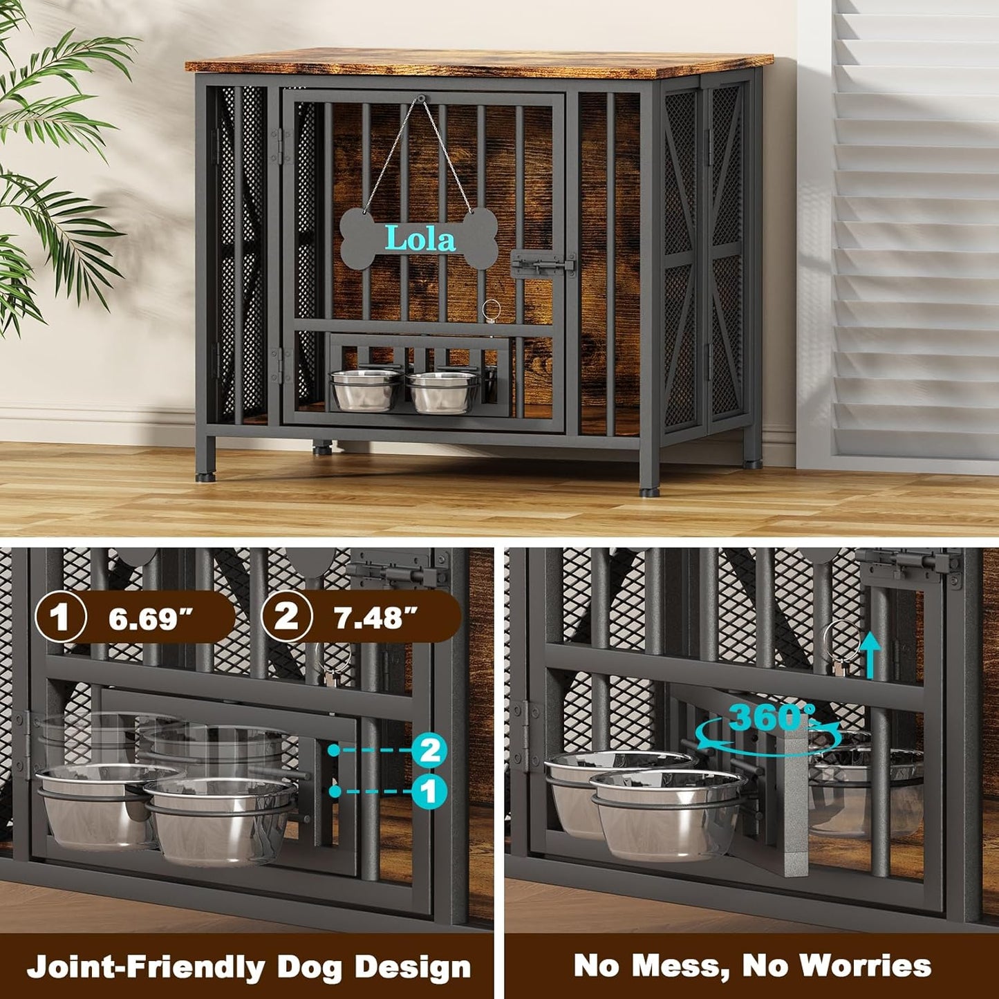 Dog Crate Furniture, 31.5" Assembly-Free Dog Crates for Small & Medium Dogs, Foldable Dog Kennel Indoor with Tag & Adjustable Dog Bowls, Wooden Dog Cage Use as End Table, Rustic Brown
