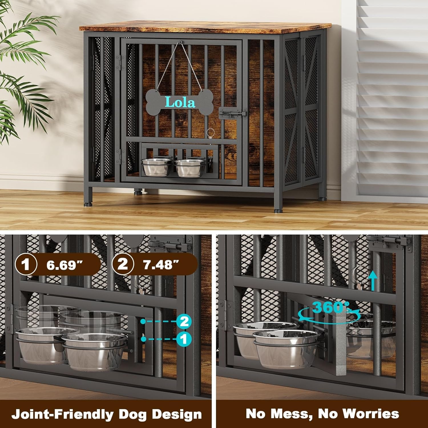 Dog Crate Furniture, 31.5" Assembly-Free Dog Crates for Small & Medium Dogs, Foldable Dog Kennel Indoor with Tag & Adjustable Dog Bowls, Wooden Dog Cage Use as End Table, Rustic Brown