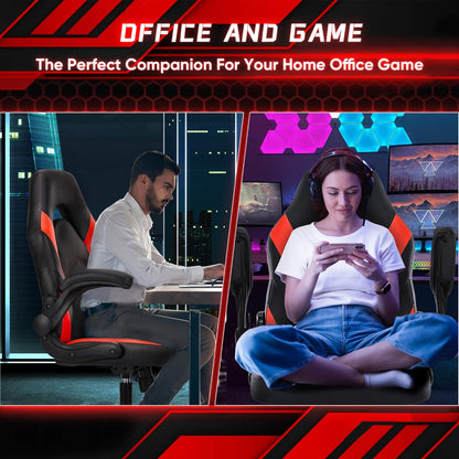 Computer Gaming Desk Chair - Ergonomic Video Game with Comfy Lumbar Support and Headrest, PU Leather with Flip-Up Arms, Adjustable Height and Swivel Wheels, for Adults, Black and Red