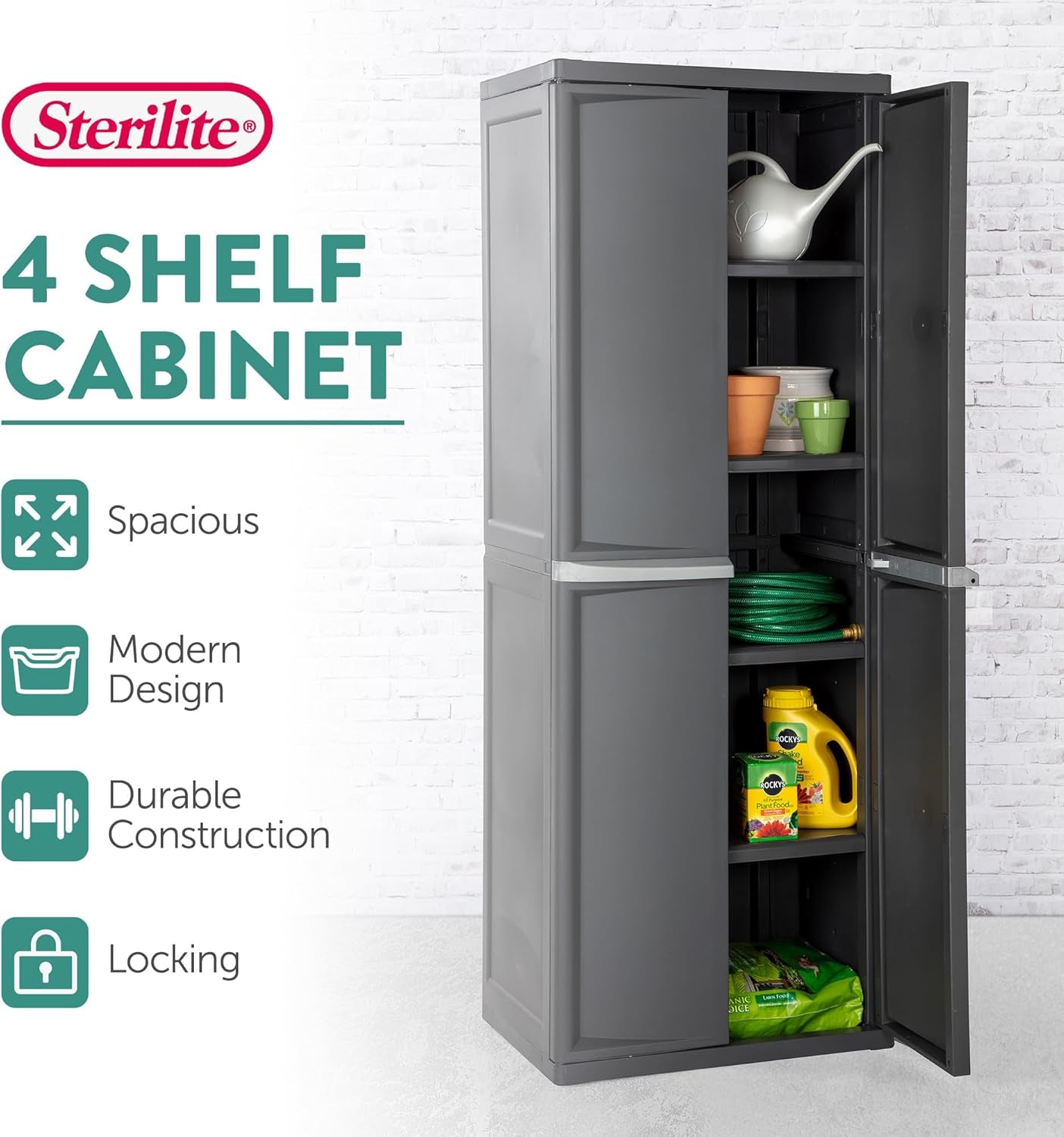 4 Shelf Cabinet, Lockable Utility Storage W/ Adjustable Shelves, Gray - Plastic Shelving Unit for Organizing Garage, Pantry, Basement, Laundry Room or Mudroom