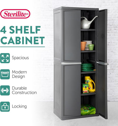 4 Shelf Cabinet, Lockable Utility Storage W/ Adjustable Shelves, Gray - Plastic Shelving Unit for Organizing Garage, Pantry, Basement, Laundry Room or Mudroom