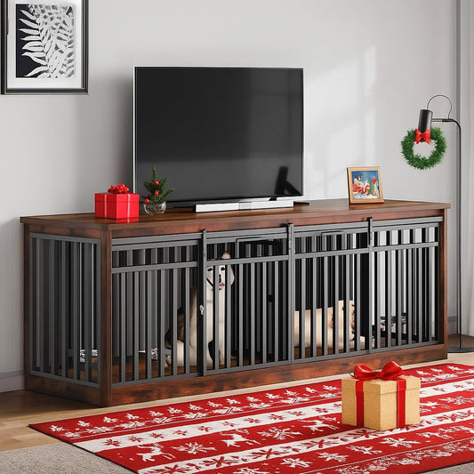 86.6" Double Dog Crate Furniture for 2 Large Dogs, Heavy Duty Metal Dual Dog Kennel TV Stand Sliding Doors, Wooden Two Dog Cage Table with Dog Bowl for Extra Large Dogs, Rustic Brown