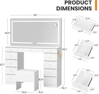 11 Drawers Glass Top Vanity Desk with Chair, Crystal Handles Makeup Vanity with Mirror and Lights, Dressing Table with Power Outlet, Adjustable Lighting Modes, White