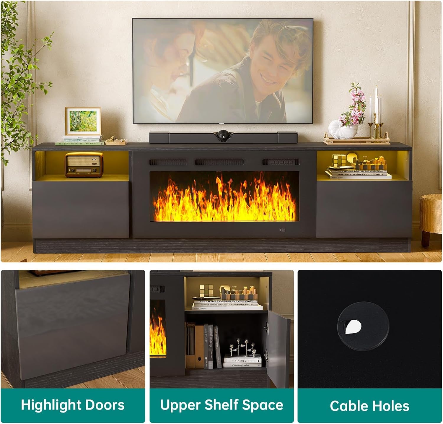 80" Fireplace TV Stand for Tvs up to 90", LED Light Entertainment Center with 36" Electric Fireplace, Modern Wood Texture TV Media Console with Highlight Storage Cabinet, Black+Black