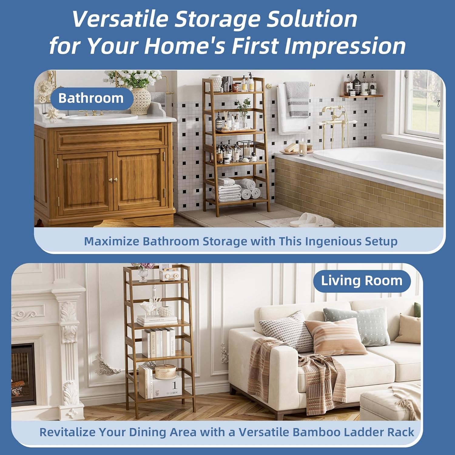 Ladder Shelf, 4-Tier Bamboo Bookshelf, Freestanding Open Display Storage Rack, Space Saving Flower Plant Display Stand for Bathroom Living Room, Walnut