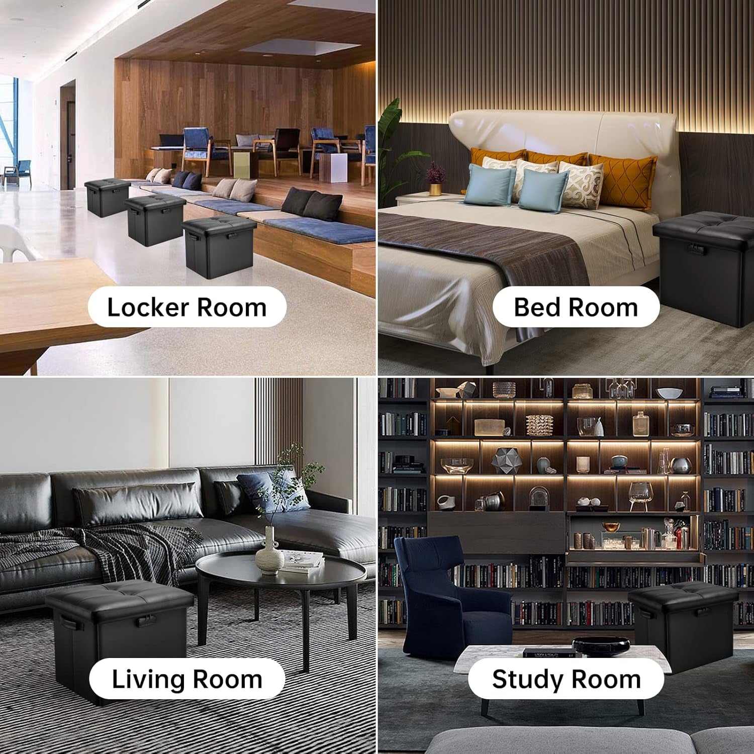 Storage Ottoman with Lock,Fireproof Folding Ottoman Foot Rest Stool Storage Chest with Storage Safe for Important Documents,Waterproof 17 Inches Short Ottoman Foot Stool with Handles,Black