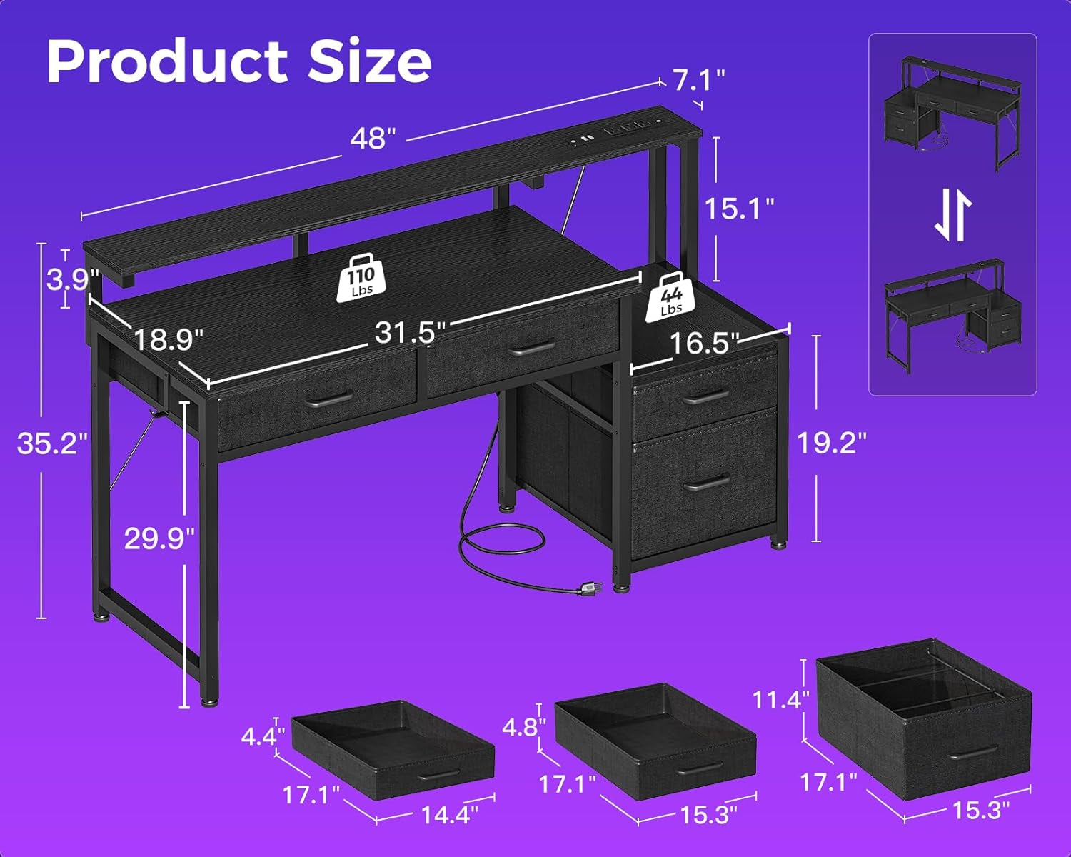 Computer Desk with 4 Drawers, 48 Inch Gaming Desk with Power Outlet, Office Desk with Monitor Shelf, Work Desk Table for Home Office, Black