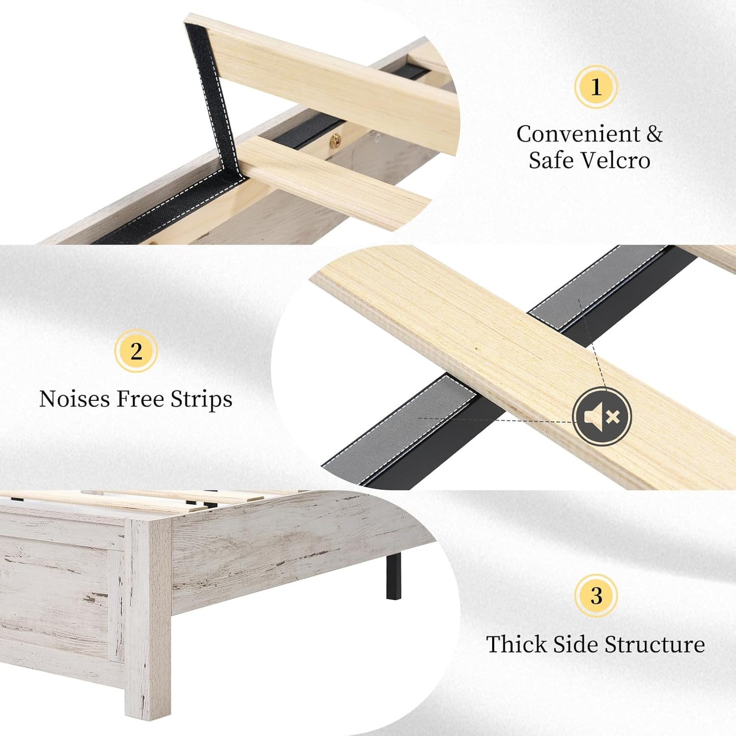 Farmhouse Queen Bed Frame with 49" Tall Headboard, Wooden Platform Bed with Hidden Metal Bed Frame, No Box Spring Needed/Noise Free, Distressed White