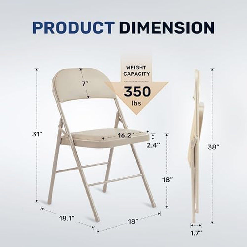 Folding Chairs 4 Pack with Vinyl-Padded Cushion and Back, Sturdy Metal Steel Foldable Chair, Portable Stackable Commercial Guest Seat for Indoor/Outdoor Events, Home, Office Use, Khaki
