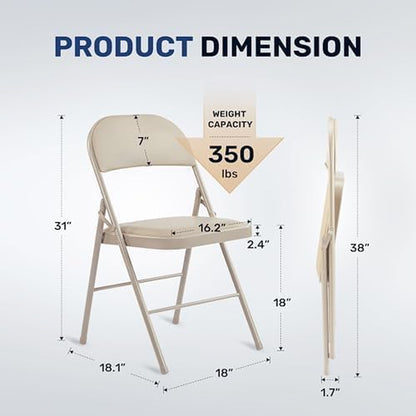 Folding Chairs 4 Pack with Vinyl-Padded Cushion and Back, Sturdy Metal Steel Foldable Chair, Portable Stackable Commercial Guest Seat for Indoor/Outdoor Events, Home, Office Use, Khaki