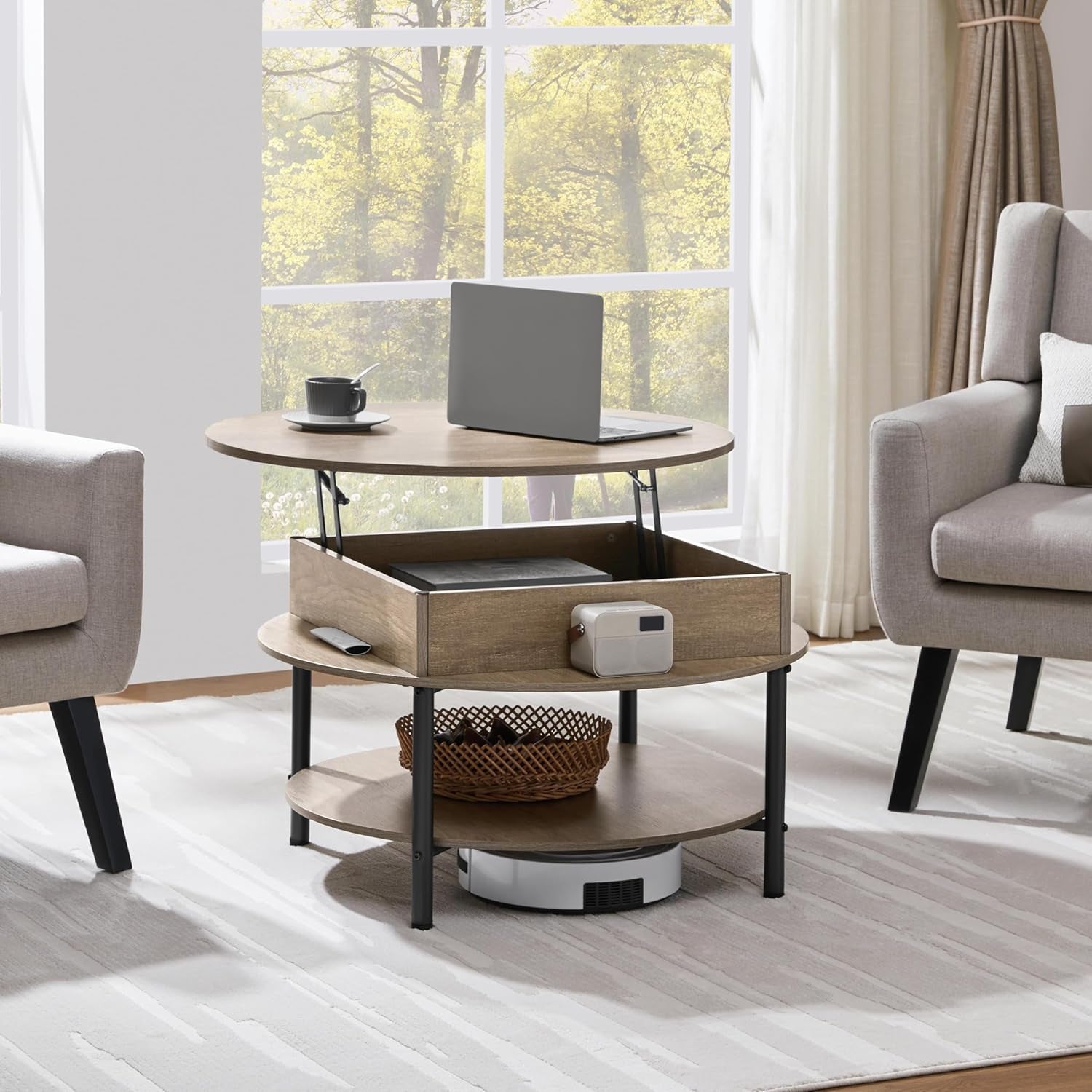 round Lift Top Coffee Table with Hidden Compartment & Storage Shelf, 31'' Farmhouse Coffee Table Center Tables, 2-Tier Small round Dining Table for Living Room Reception Room, Gray
