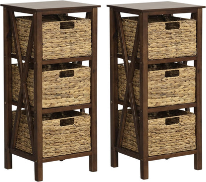 Nightstand Set of 2 with 3 Wicker Storage Baskets, Sofa Side Table with Rubber Wood X-Shaped Frames & Acacia Wood Legs, Bedside Table, End Table for Bedroom, Small Space