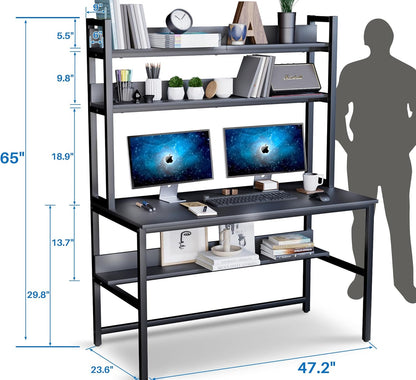 Computer Desk with Hutch and Bookshelves, Large Leg Room 47 Inch Width Black Desk with Space Saving Storage Shelves for Home Office,Study, Work, Easy Assemble