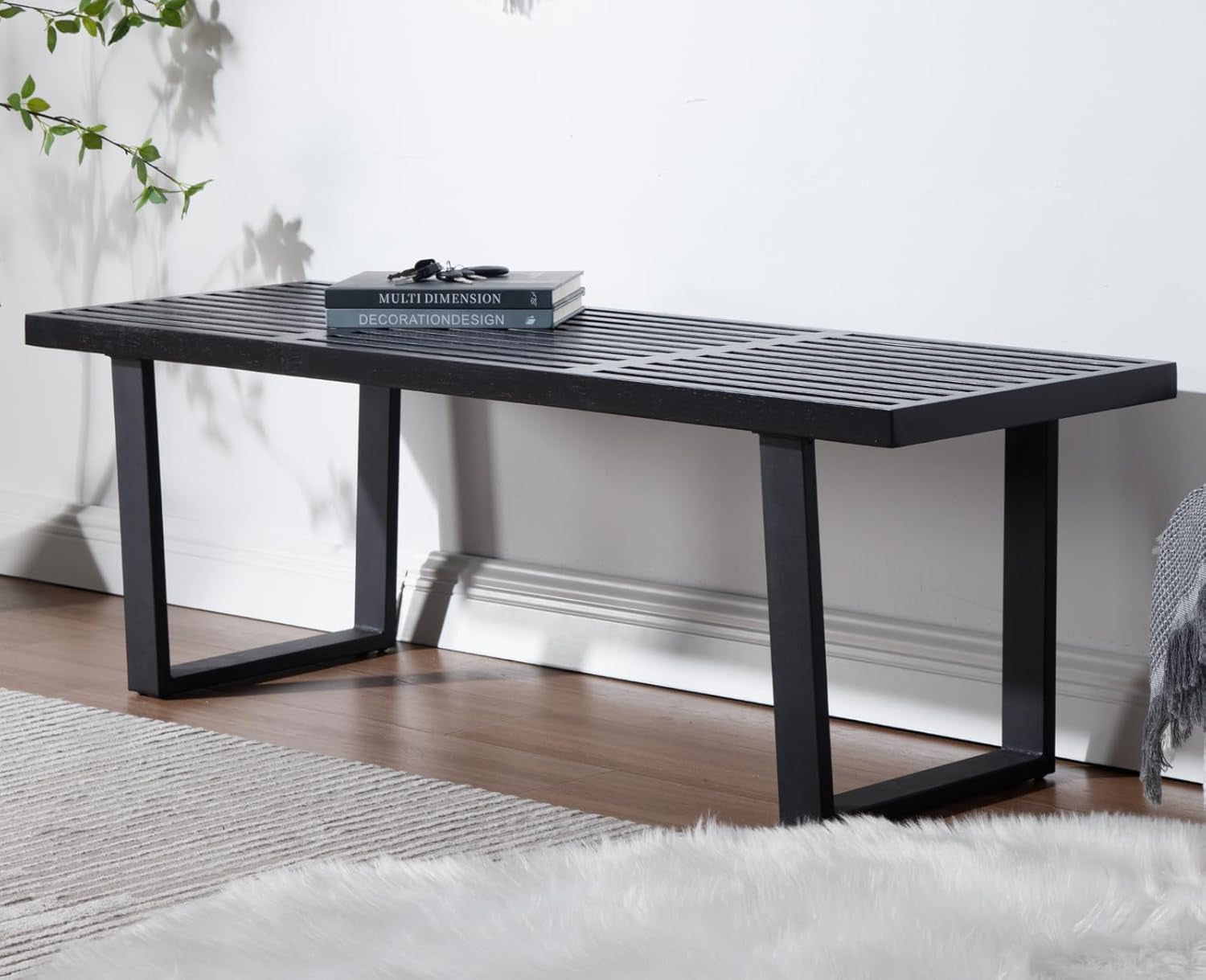 55" Black Solid Wood Entryway Bench, Modern Nelson End of Bed Bench for Bedroom W/Metal Legs, Dining Bench Long Ottoman for Front Entryway Living Room Dining Room Kitchen