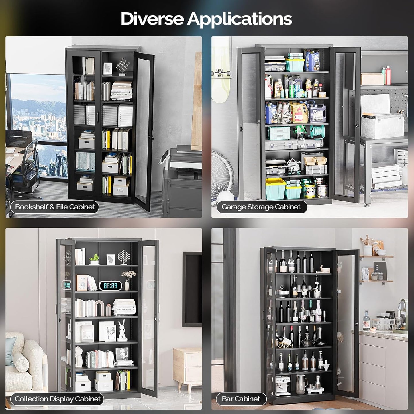 Lockable Display Cabinet with Glass Doors & 5 Adjustable Shelves, 71" Tall Black Metal Storage Cabinet Curio Liquor, Bookshelf Bookcase for Home Office Living Room Pantry Garage